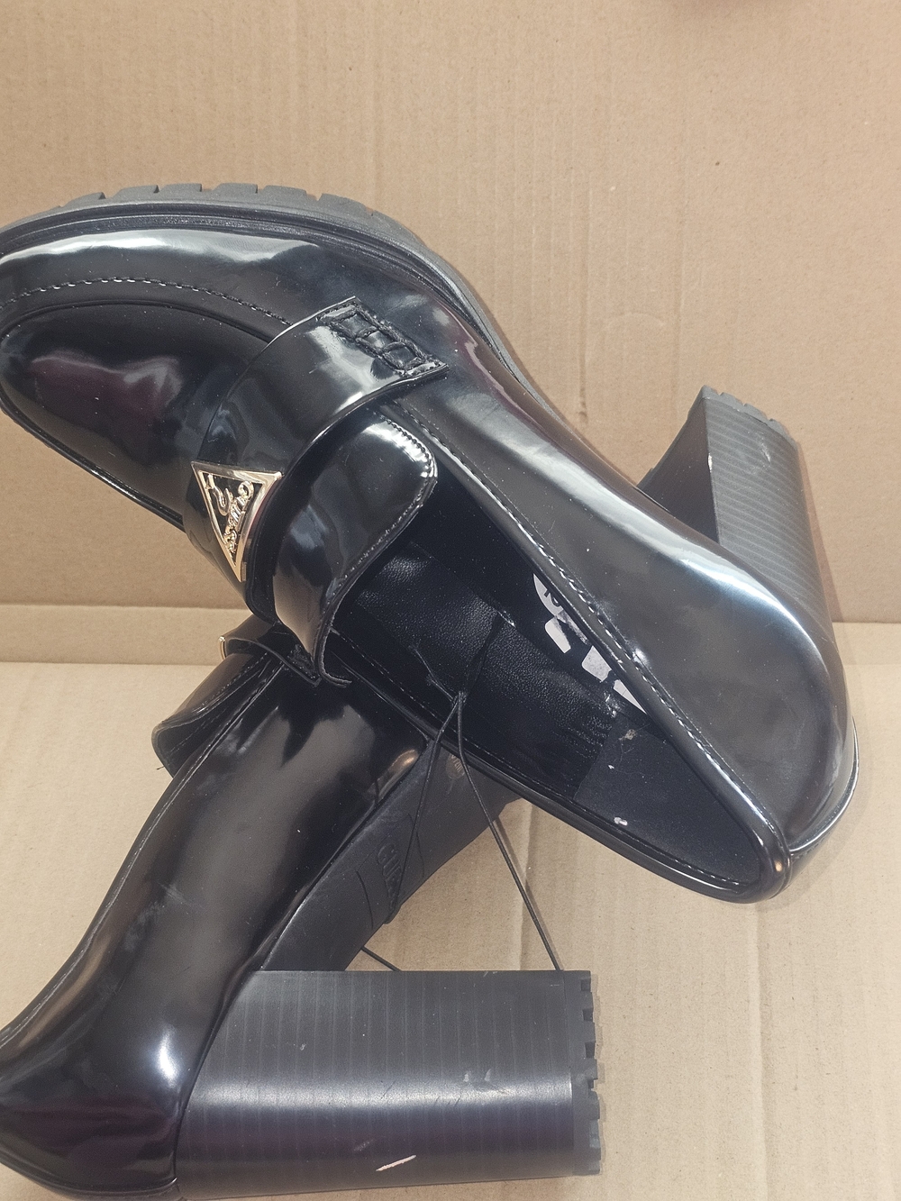 Women's Guess Black Patent Heel Loafers with Gold Accent